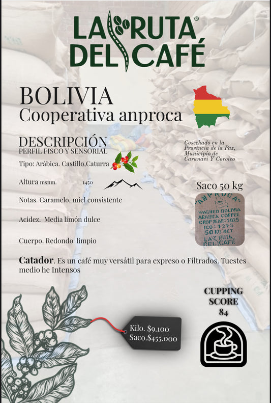 Café Verde  50kg arabico Bolivia cooperativa Anproca taza 84